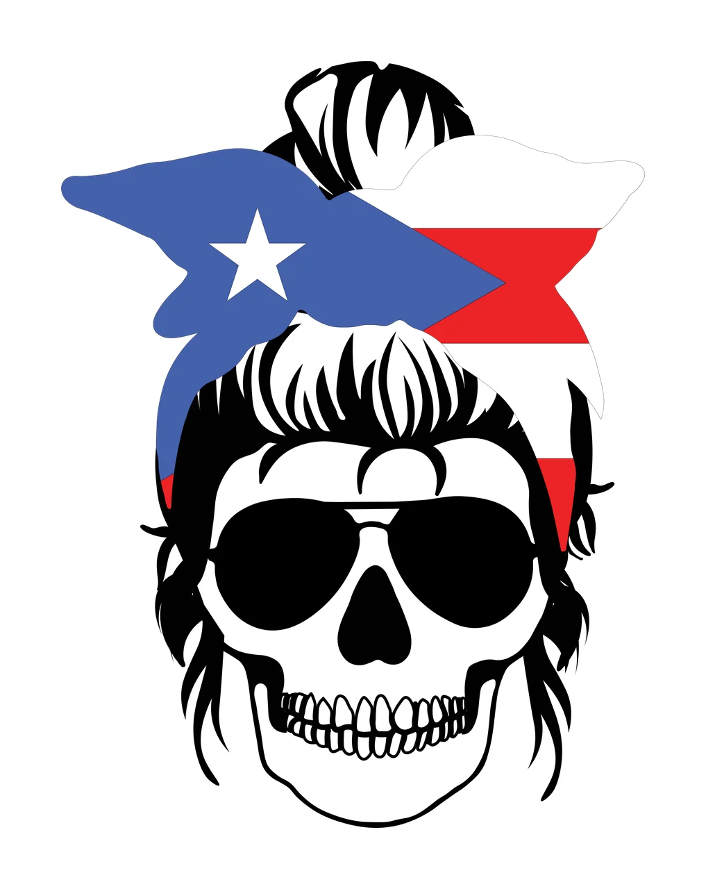 Skull Illustration with messy bun hair, aviator sunglasses, bandana and star in black, white and blue