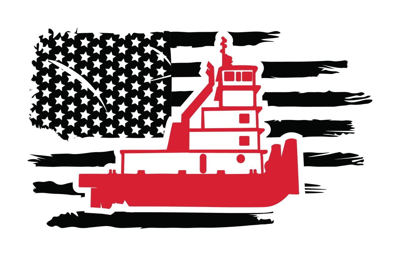 Boat Tugboat Silhouette Over Distressed Flag black white vessel
