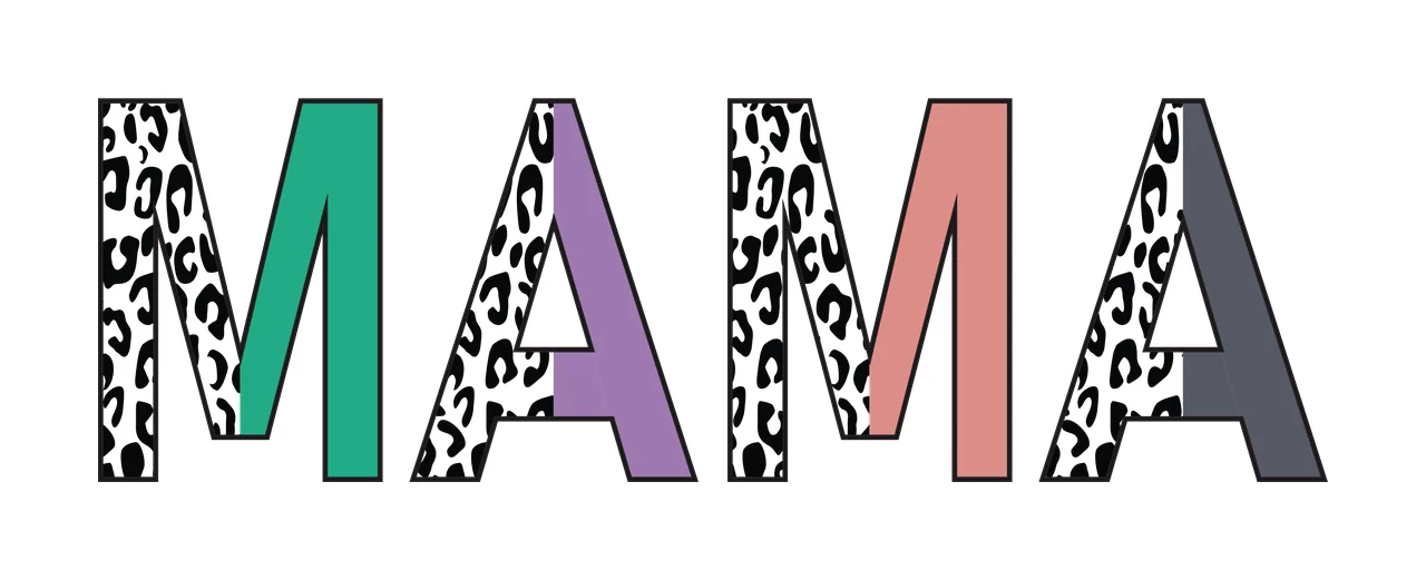 MAMA Typography Design with black and white leopard print, green fill, purple fill and pink fill