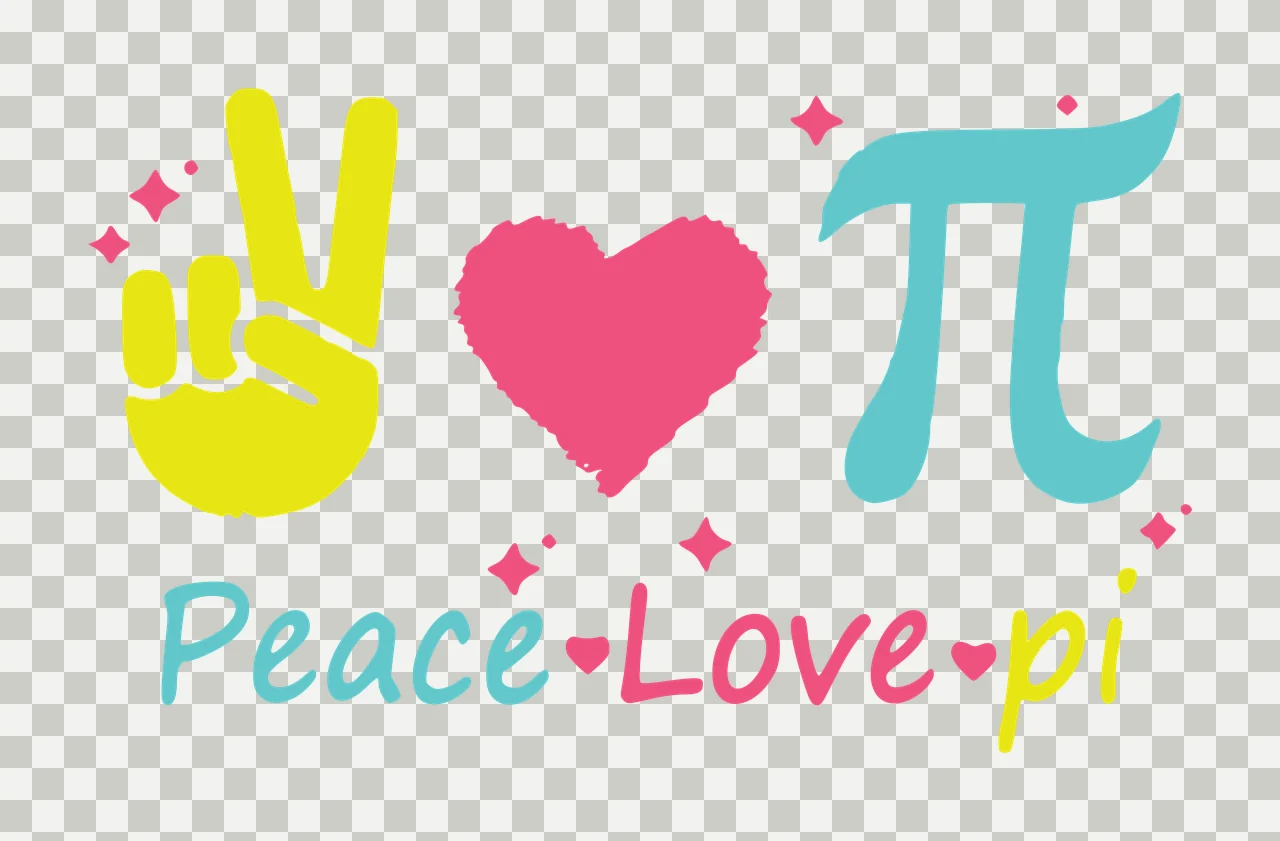 Peace Love pi Peace Love pi design with yellow peace hand gesture, pink textured heart, teal pi symbol and small pink stars transparency and detail preview thumbnail