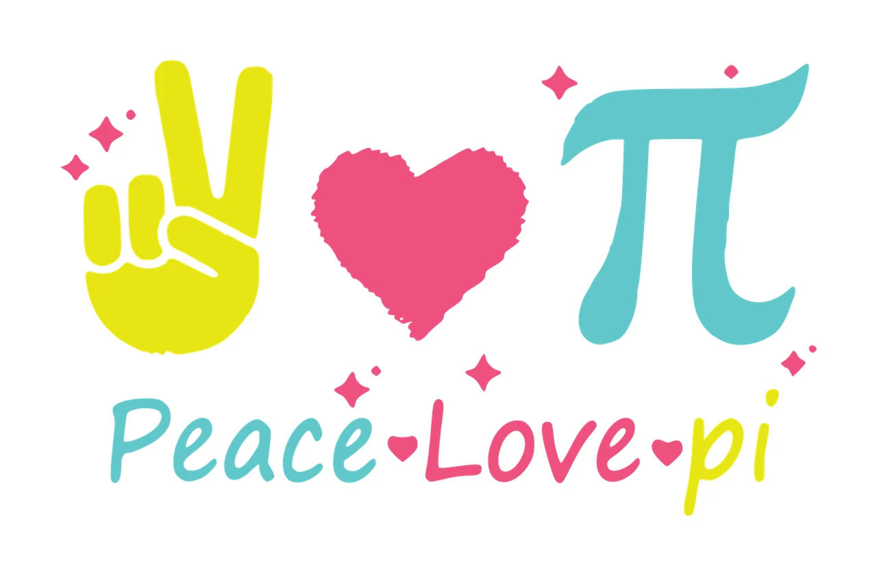 Peace Love pi Peace Love pi design with yellow peace hand gesture, pink textured heart, teal pi symbol and small pink stars