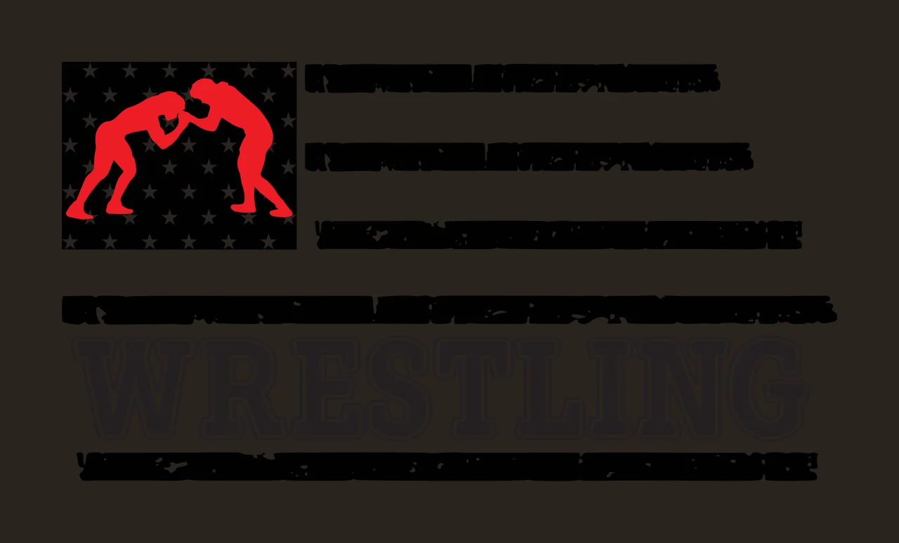 WRESTLING wrestling american flag Design with distressed american flag, red wrestler silhouettes, stars canton and distressed stripes in black and white contrast preview thumbnail