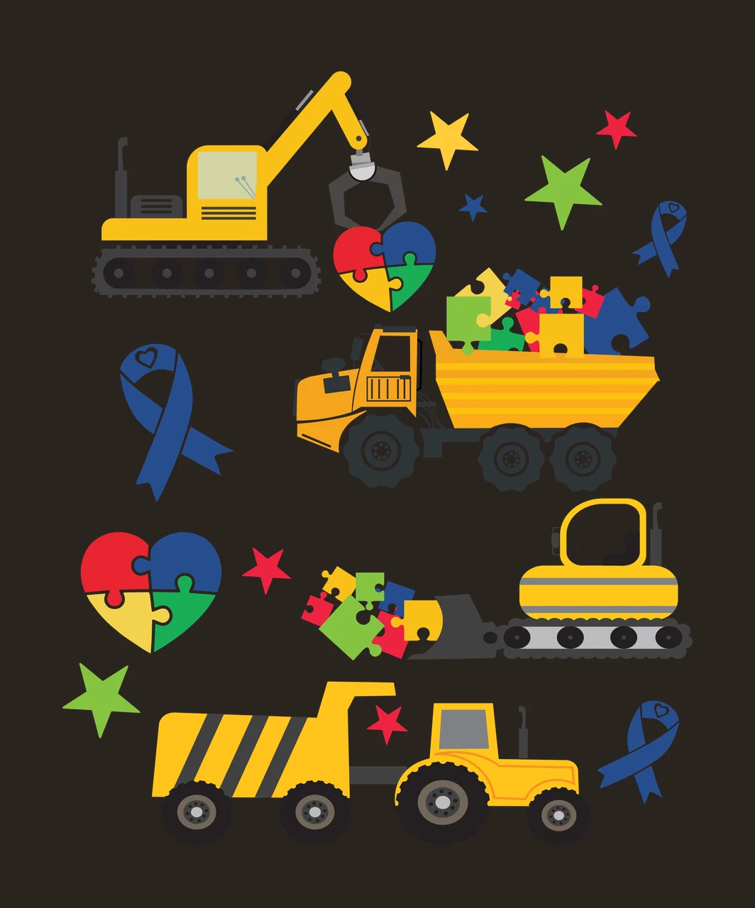 Autism awareness construction vehicle set Illustration with yellow excavator with magnet lifting puzzle heart, yellow dump truck carrying puzzle pieces, yellow bulldozer pushing puzzle pieces contrast preview thumbnail