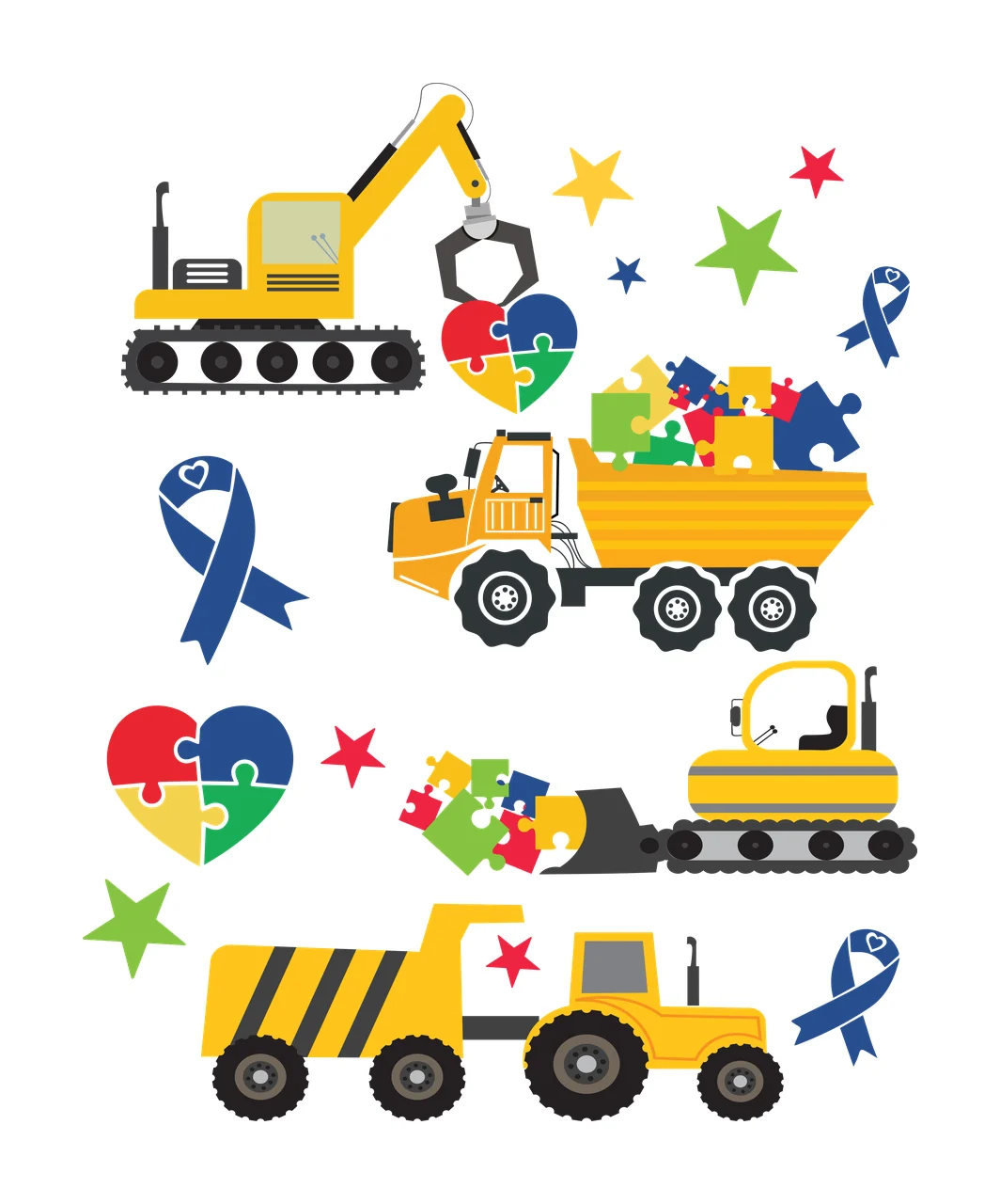 Autism awareness construction vehicle set Illustration with yellow excavator with magnet lifting puzzle heart, yellow dump truck carrying puzzle pieces, yellow bulldozer pushing puzzle pieces
