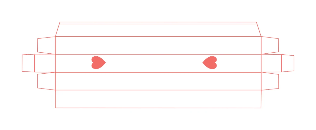 Line Art Illustration of Paper box die-cut template with red heart shapes, fold lines and box flaps in white