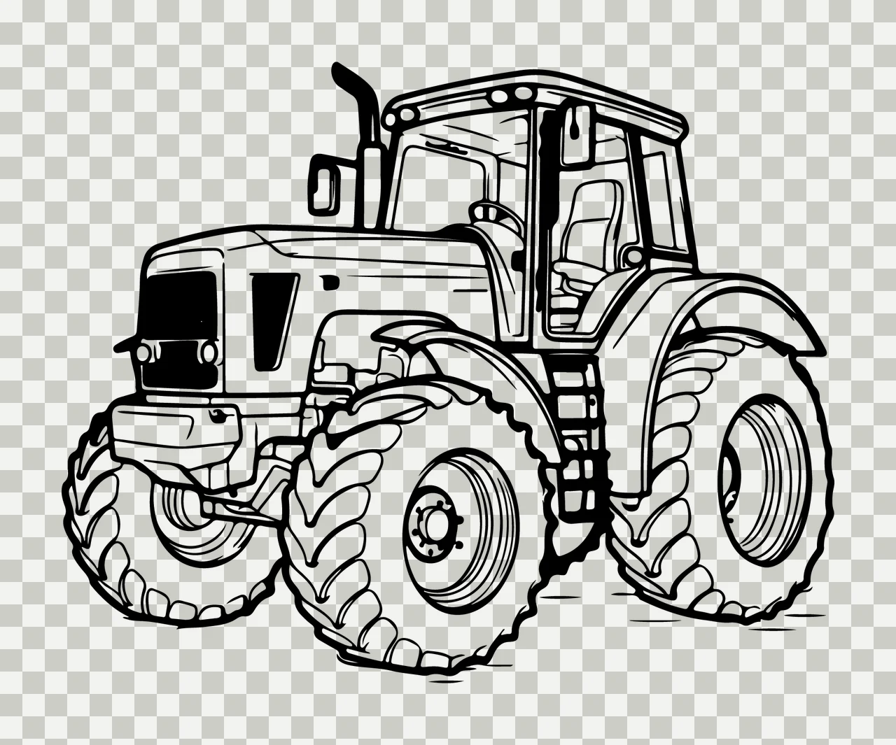 Black And White Tractor Front View stationary tires cab exhaust stack transparency and detail preview thumbnail