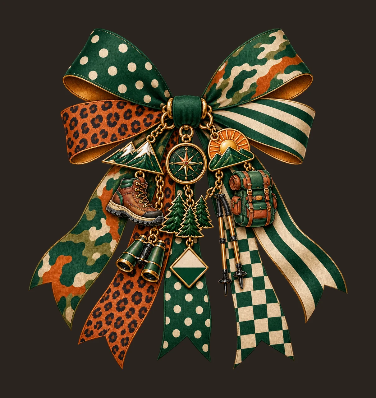 Hiking Lover Bow Charm PNG, Boot Mountain Compass and Backpack Charms, Outdoor Adventure Sublimation Design, Transparent Download contrast preview thumbnail