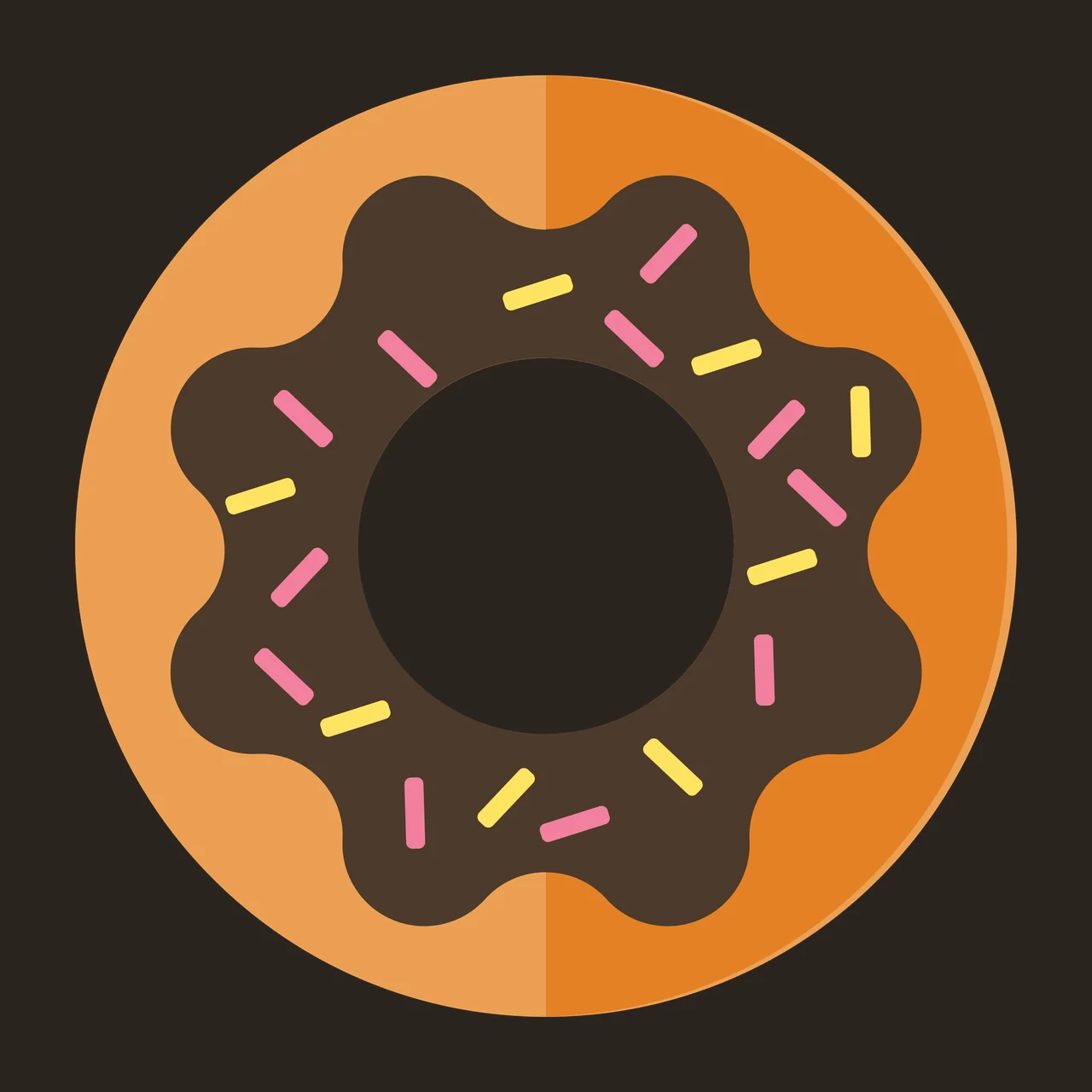 Chocolate glazed donut Illustration with chocolate glaze, pink sprinkles, yellow sprinkles and doughnut ring in brown and orange contrast preview thumbnail