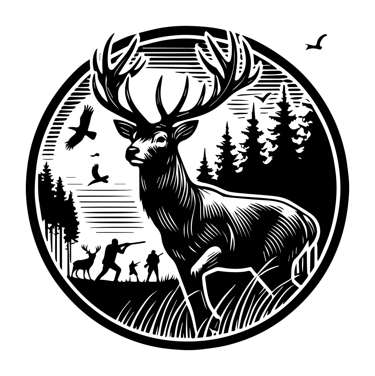 Deer In Forest Circular Emblem standing antlers trees birds