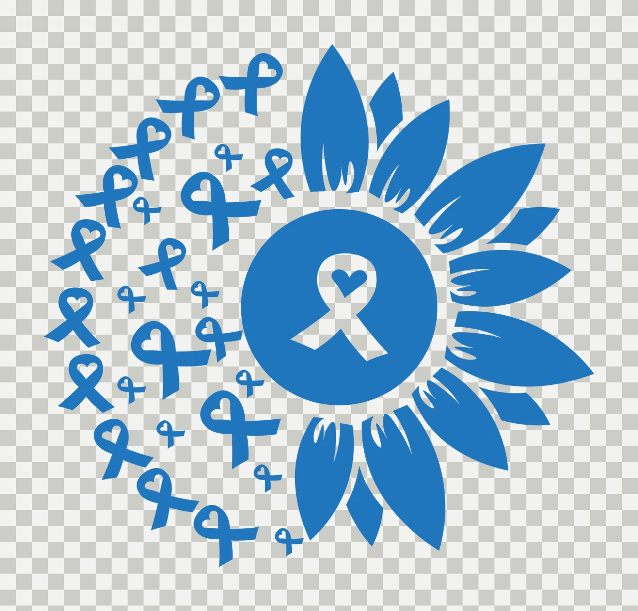 Sunflower design with blue awareness ribbons with central blue circle, white ribbon with heart and scattered blue awareness ribbons transparency and detail preview thumbnail