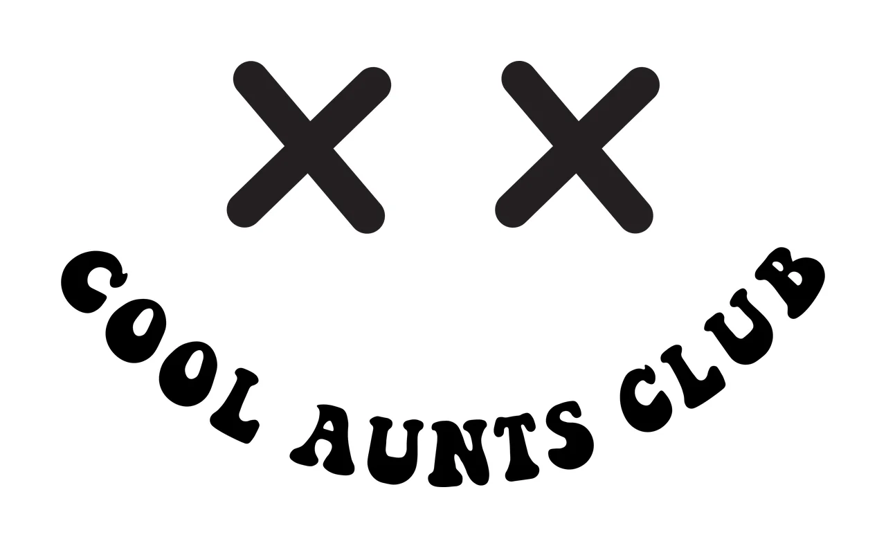 COOL AUNTS CLUB Typography Design with two black X shapes and curved black text reading 'COOL AUNTS CLUB' in white