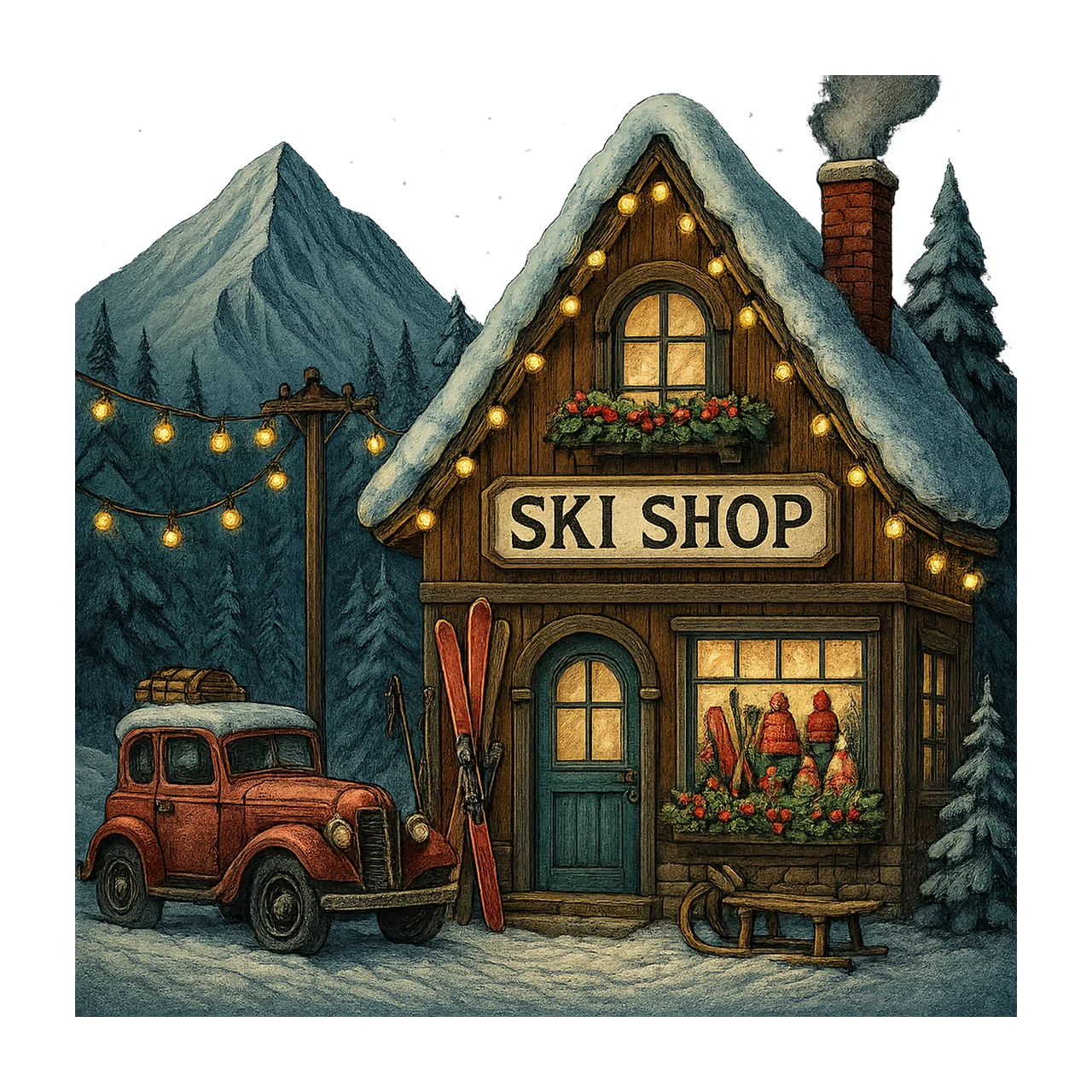 Ski Shop Watercolor Fantasy Winter Scene Whimsical Art Junk