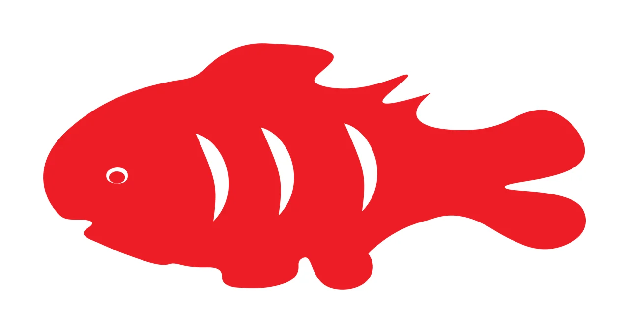 Silhouette Design of Fish with gills, eye, fin and marine life in red and white