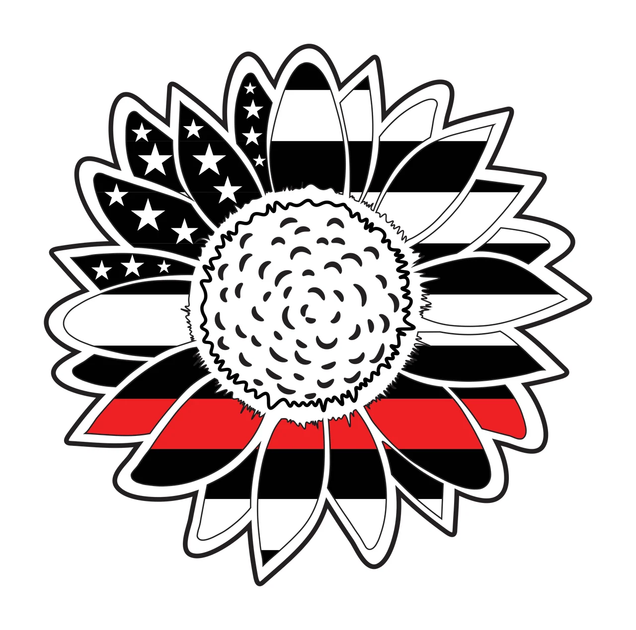 Sunflower Illustration with sunflower petals, stars, stripes and thin red line in black and white