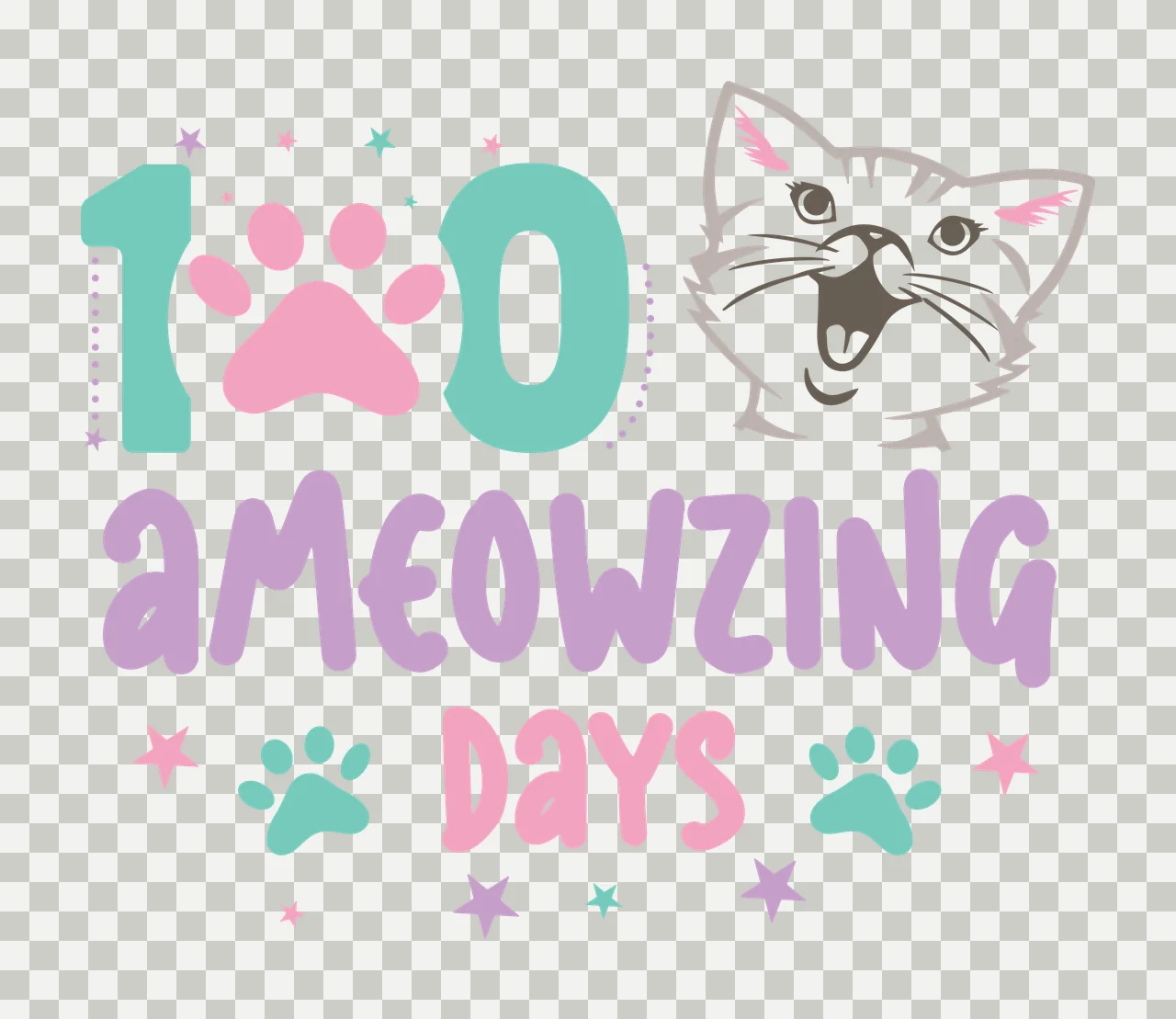 Cat 100 Ameowzing Days Face Illustration smiling paw print transparency and detail preview thumbnail