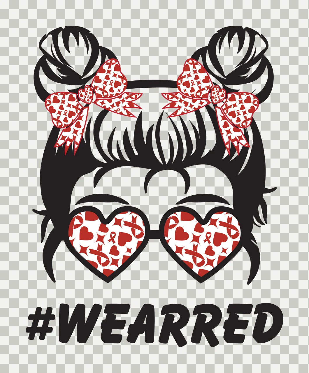 #WEARRED Typography Design with black hair in two buns, red and white patterned bows, heart-shaped sunglasses and red and white pattern inside lenses transparency and detail preview thumbnail
