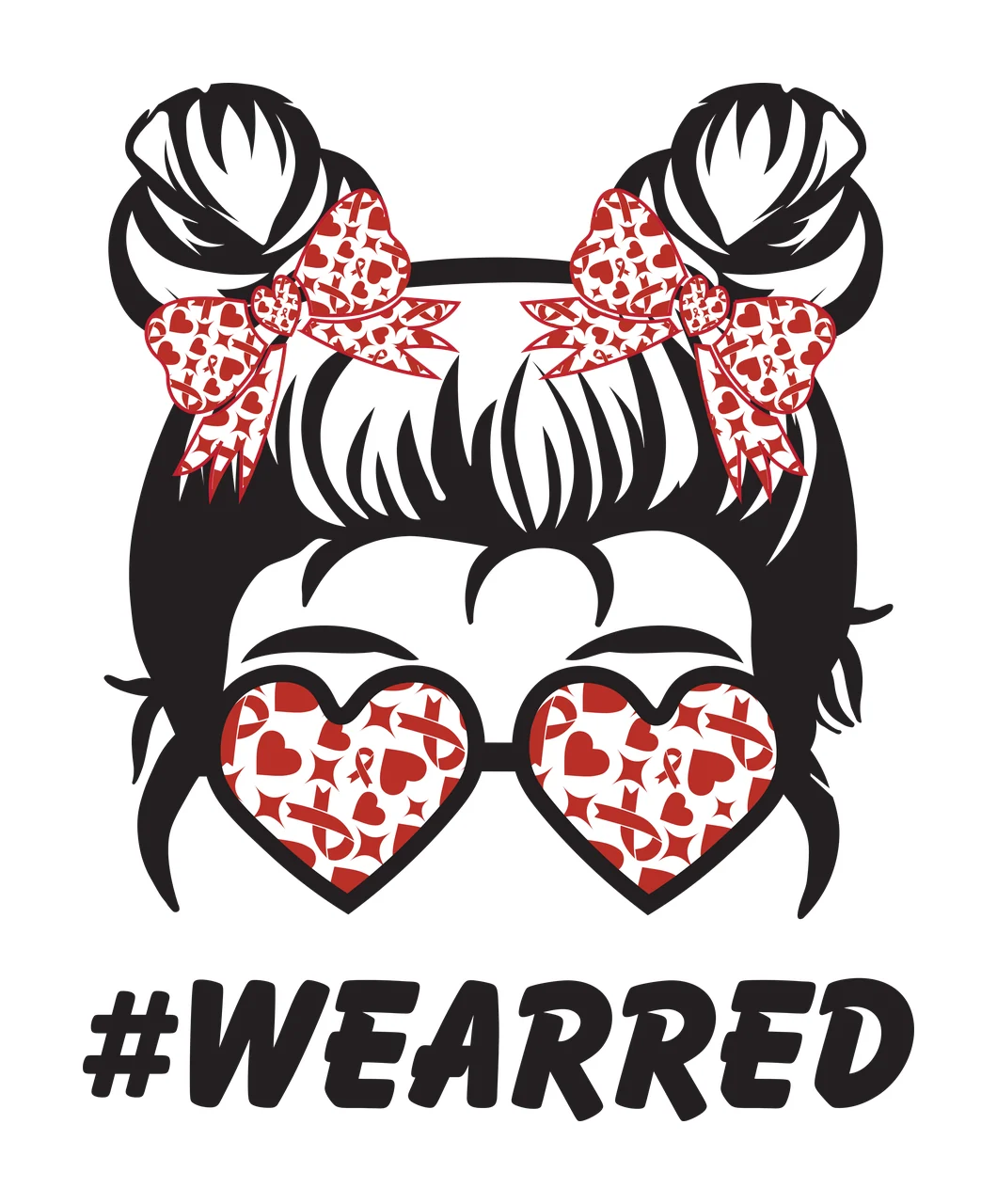 #WEARRED Typography Design with black hair in two buns, red and white patterned bows, heart-shaped sunglasses and red and white pattern inside lenses