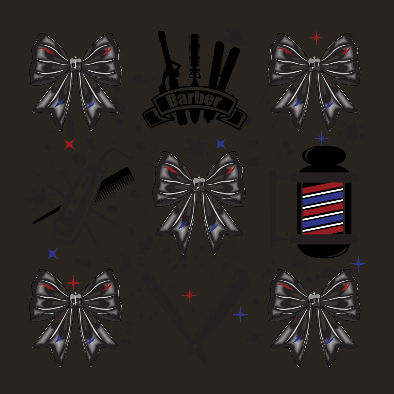 Barber Tools And Decorative Bows With Ink Splatter scattered contrast preview thumbnail