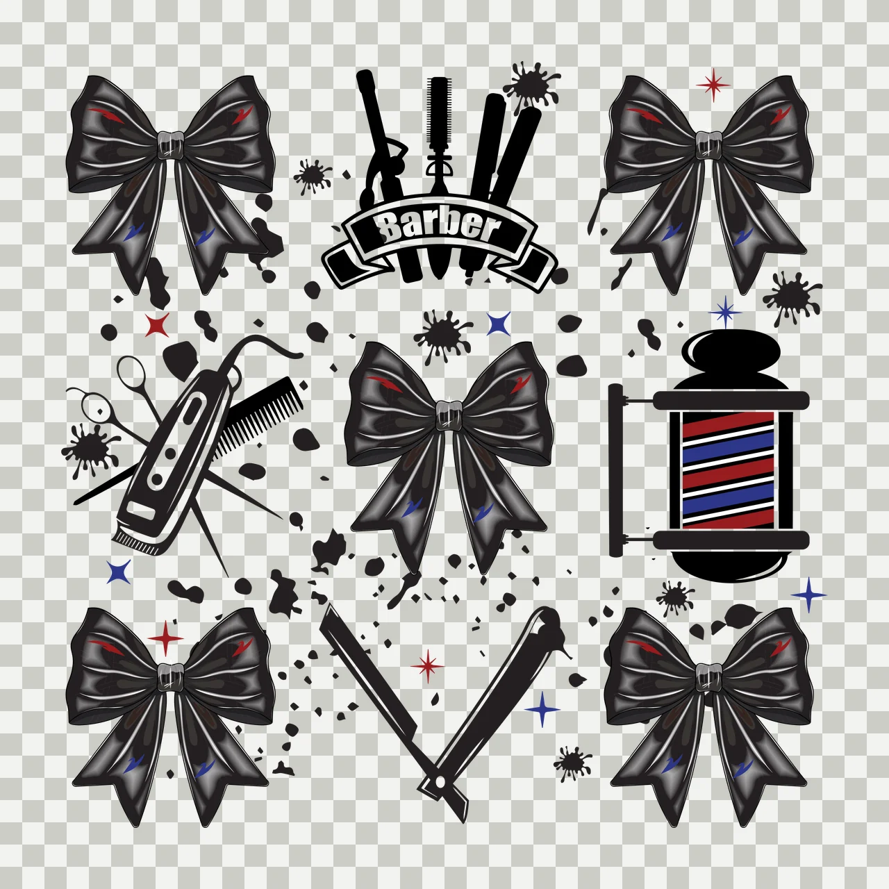 Barber Tools And Decorative Bows With Ink Splatter scattered transparency and detail preview thumbnail