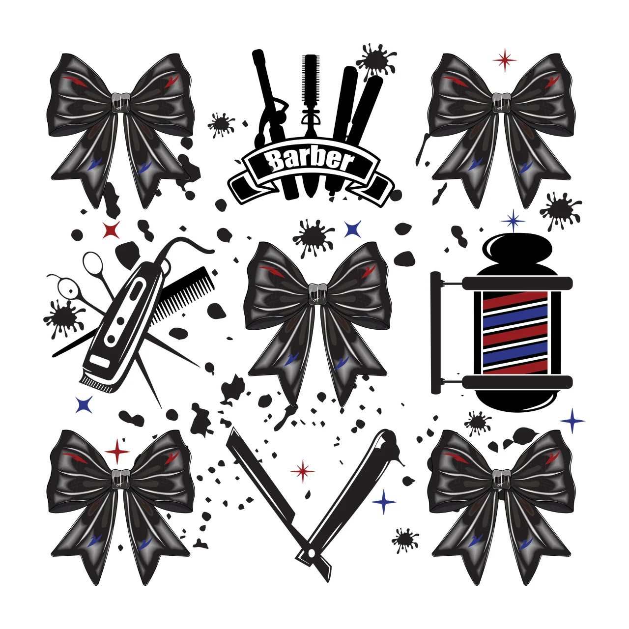 Barber Tools And Decorative Bows With Ink Splatter scattered