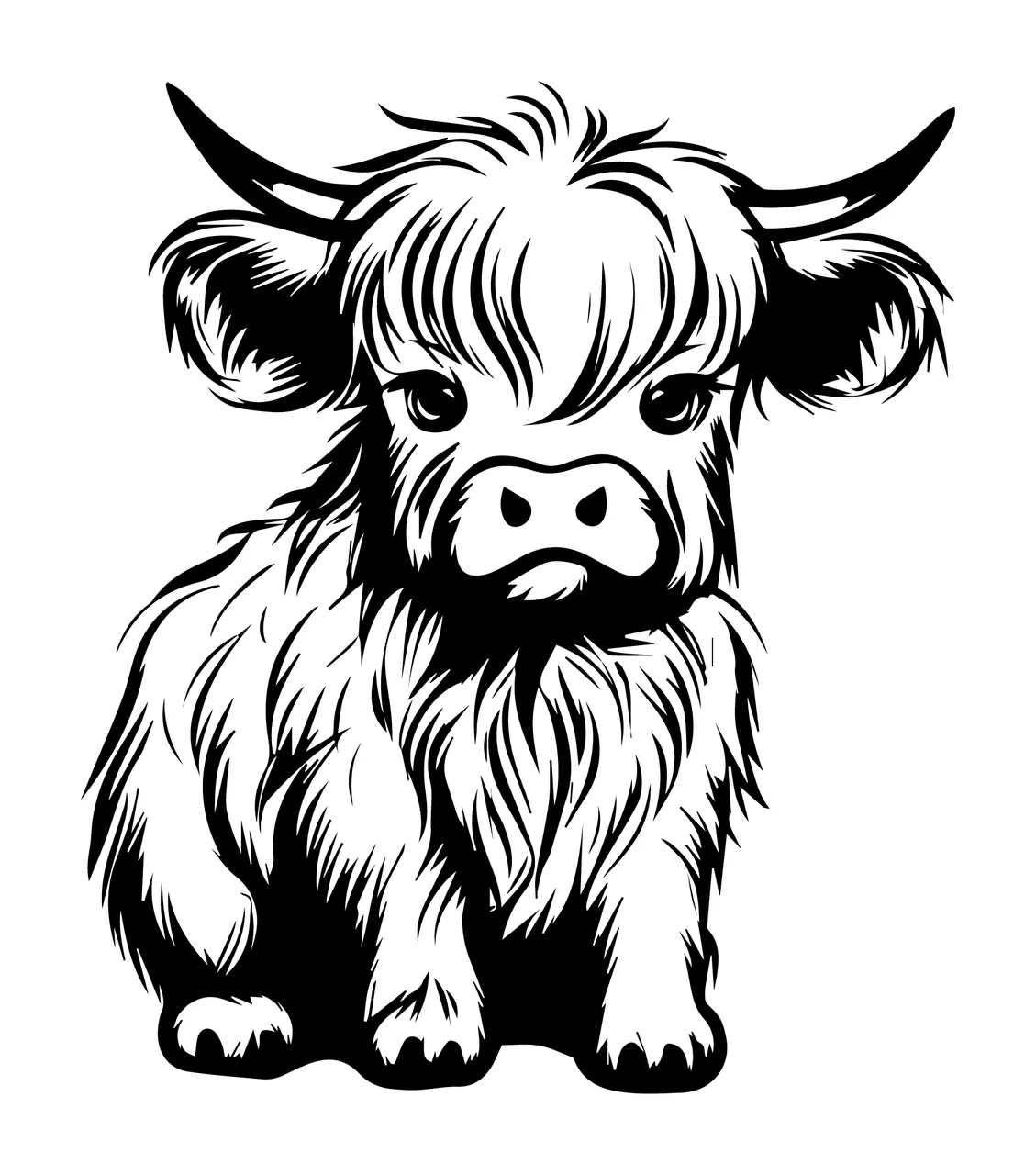 Highland Cow Portrait With Horns sitting line drawing black