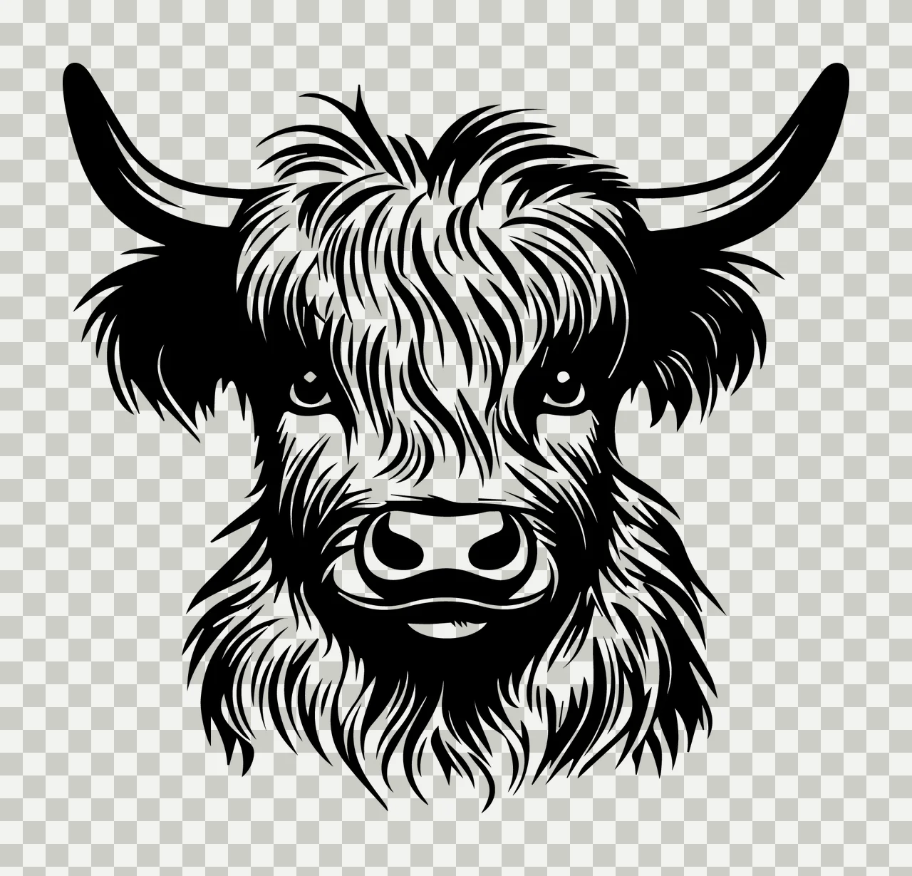 Cow Highland Head Black Illustration Cattle horns fur white transparency and detail preview thumbnail