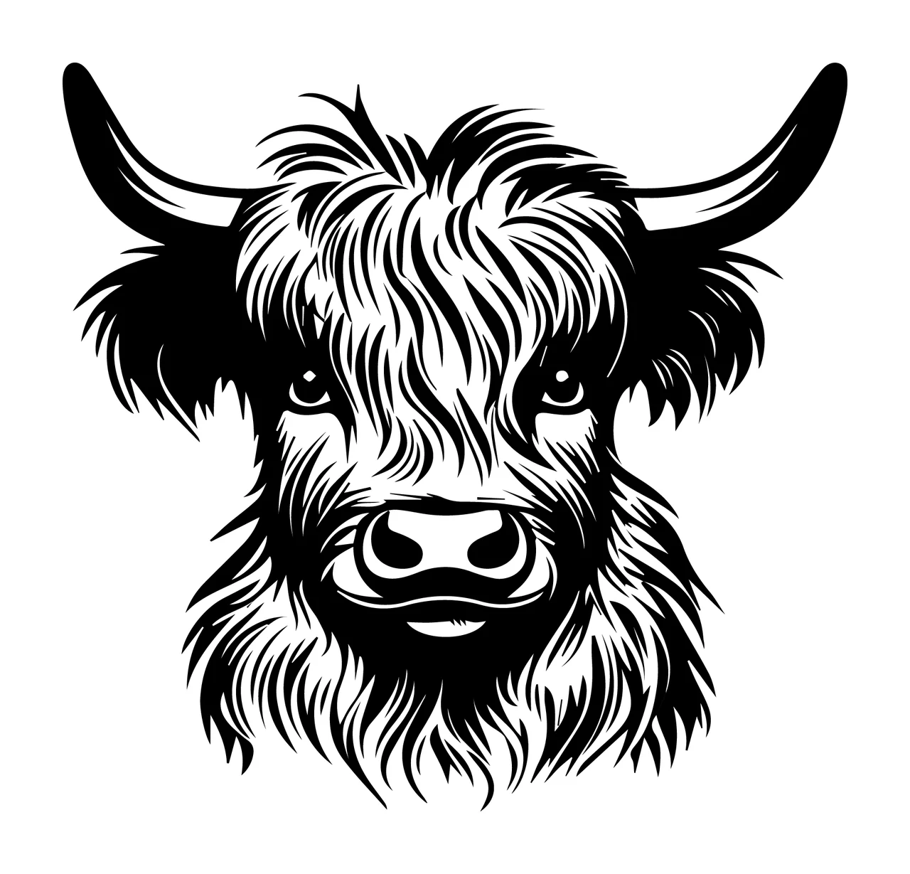 Cow Highland Head Black Illustration Cattle horns fur white