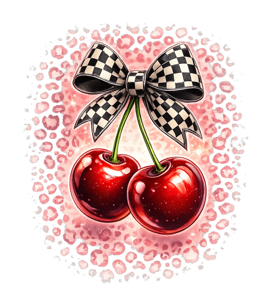 Checkered Bow Cherry Artwork Black White Ribbon Cherries