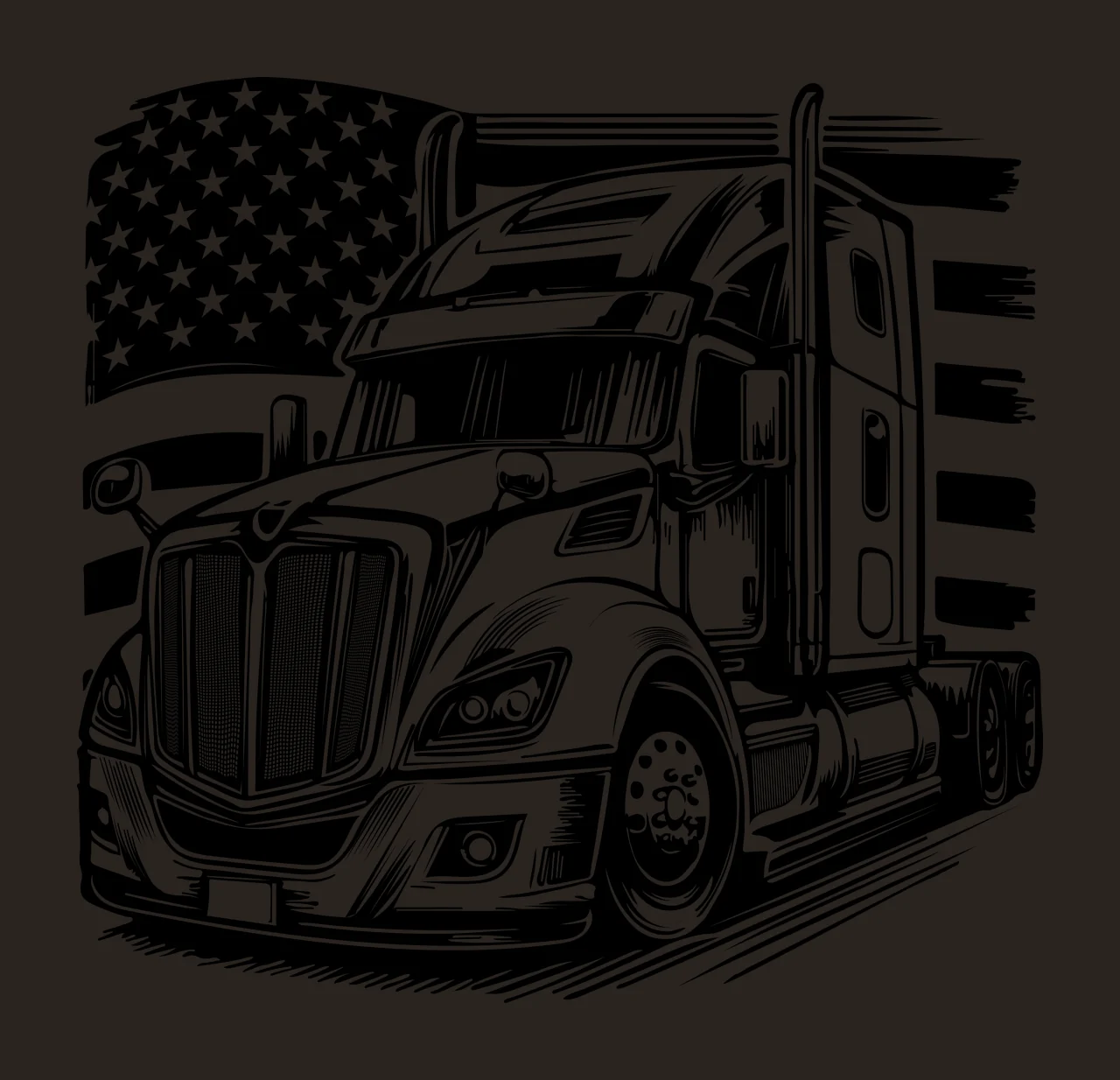 Semi Truck Flag With American Line Art parked black white vehicle contrast preview thumbnail