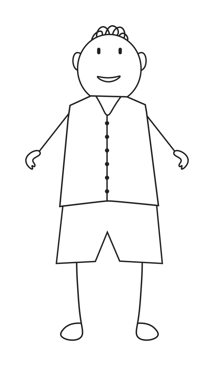 Line Art Illustration of stick figure person with wavy looped hair, buttoned vest, shorts and smiling face in black and white