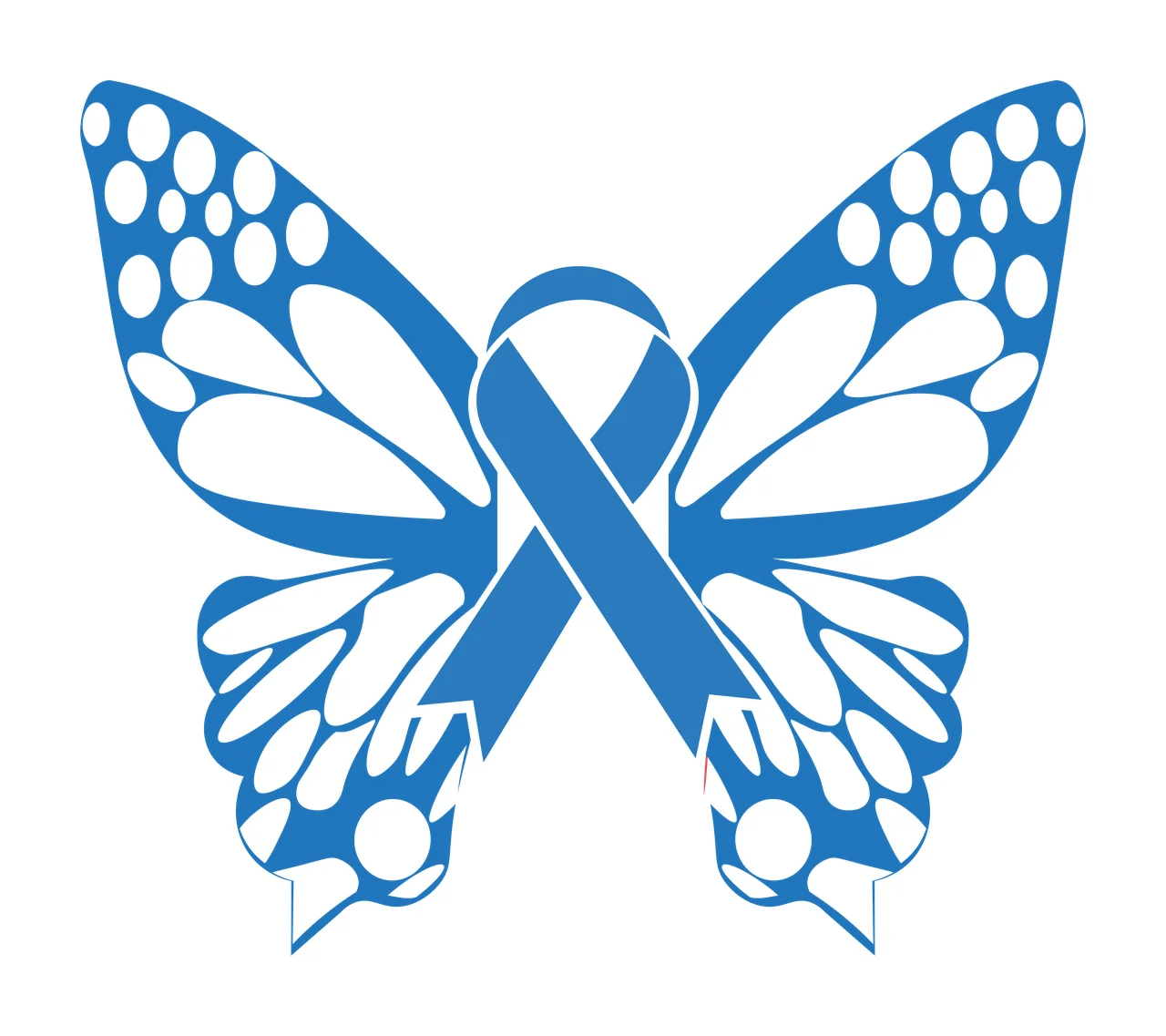 Butterfly with ribbon design with blue butterfly, white polka dots and white wing sections