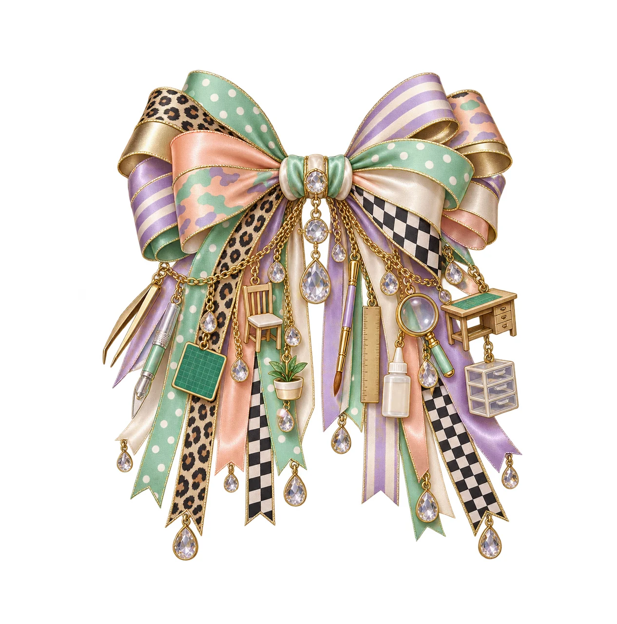 Miniature Maker Bow Charm PNG, Gold Chain Charms, Transparent Sublimation Design, Digital Download