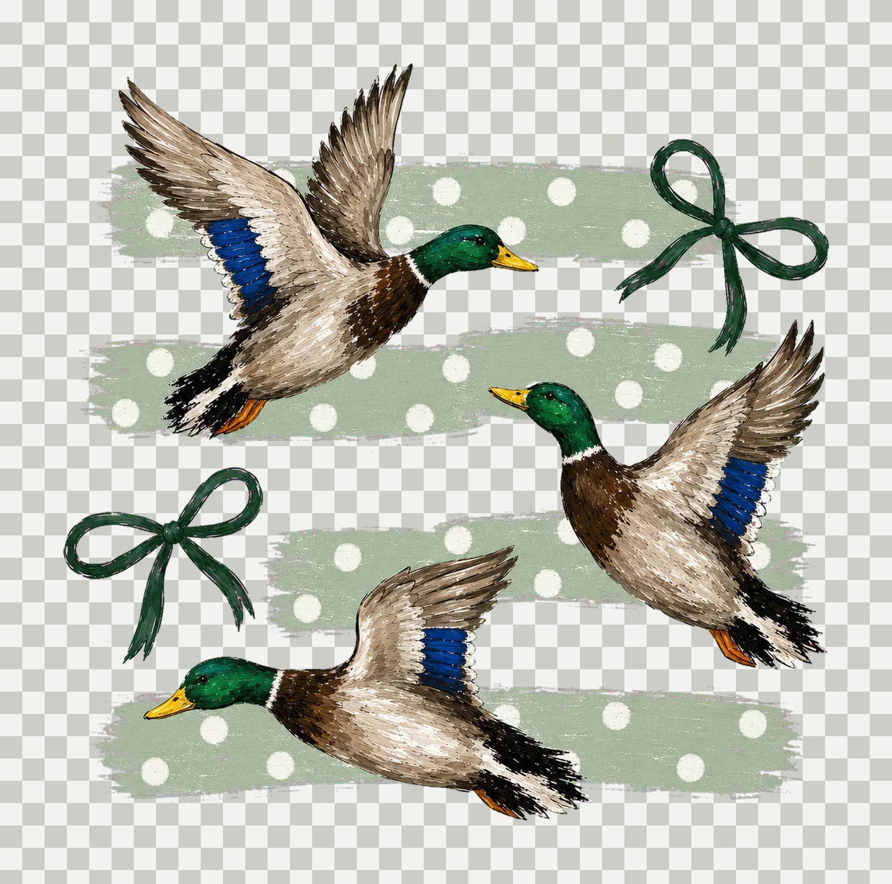 Vintage Retro Mallard Duck Polka Dot Bows Variation C transparency and detail preview thumbnail
