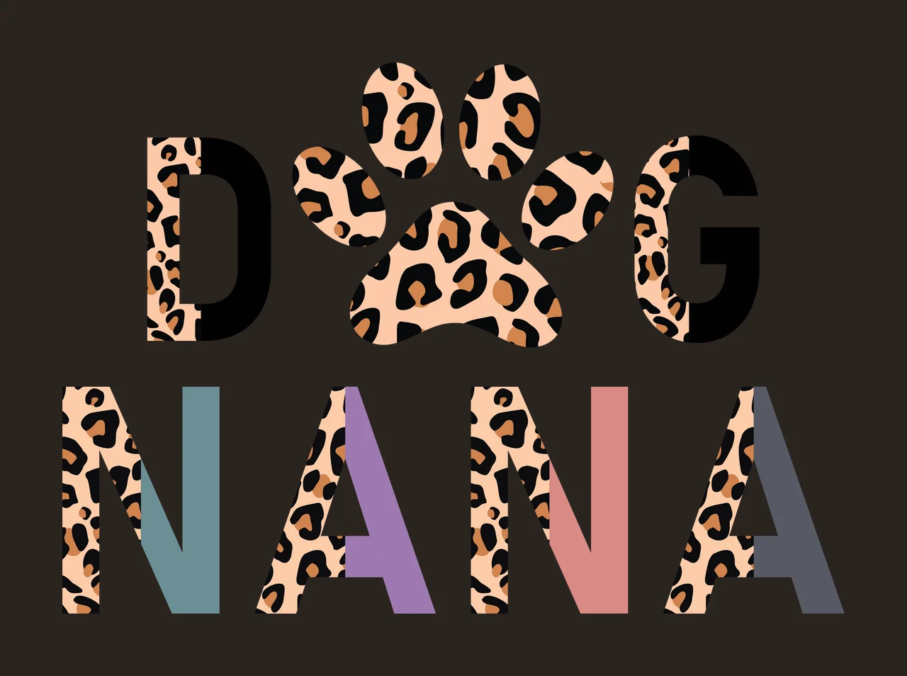 DOG NANA typography with text, paw print, leopard print and letters in tan, black and teal contrast preview thumbnail