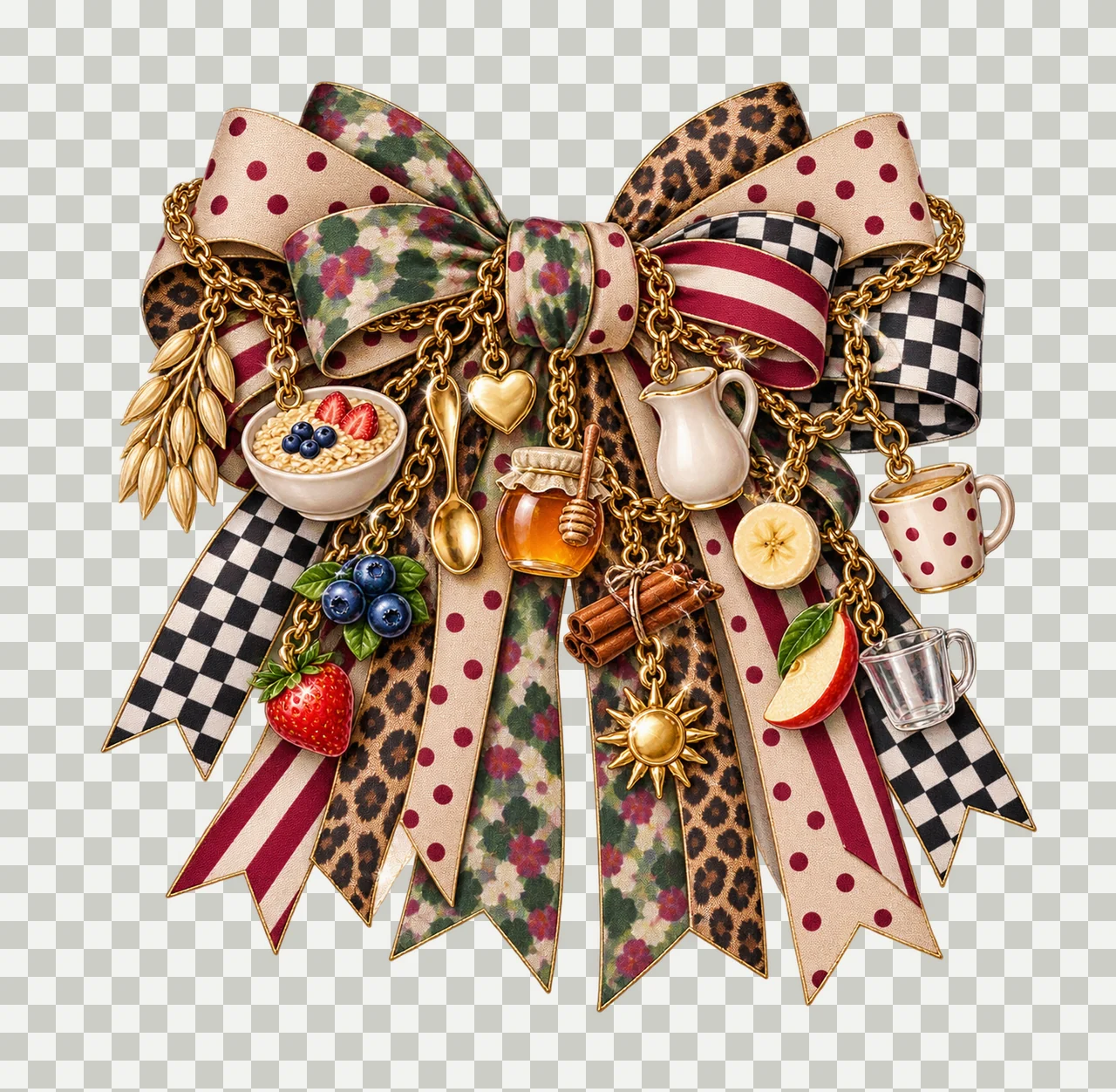 Oatmeal Lover Bow Charm PNG, Oats Bowl Berries Spoon and Honey Charms, Breakfast Sublimation Design, Transparent Download transparency and detail preview thumbnail