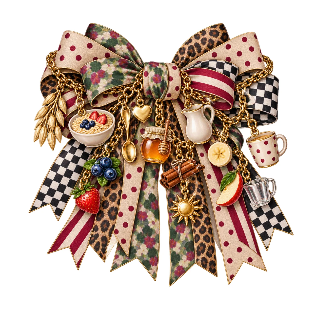 Oatmeal Lover Bow Charm PNG, Oats Bowl Berries Spoon and Honey Charms, Breakfast Sublimation Design, Transparent Download