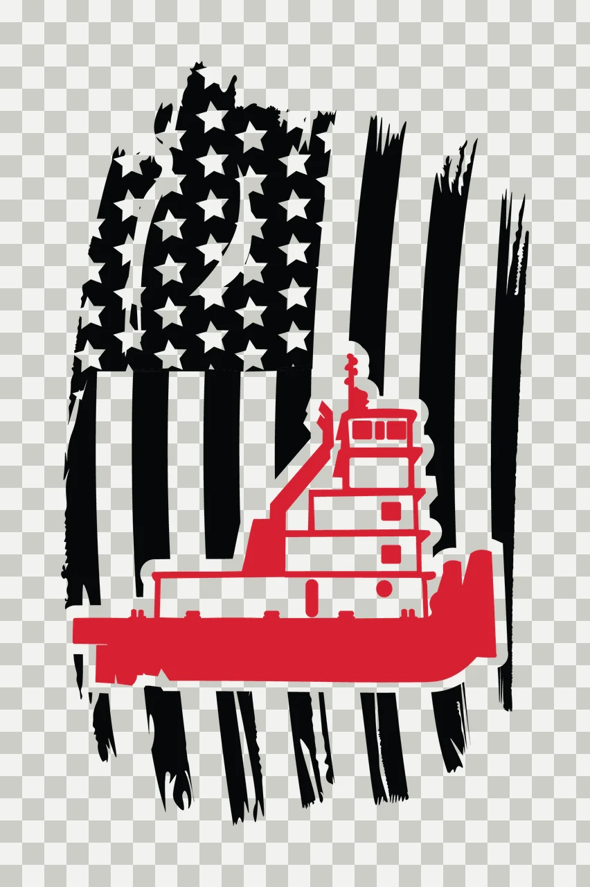 Boat Tugboat Silhouette Over American Flag Design black white transparency and detail preview thumbnail