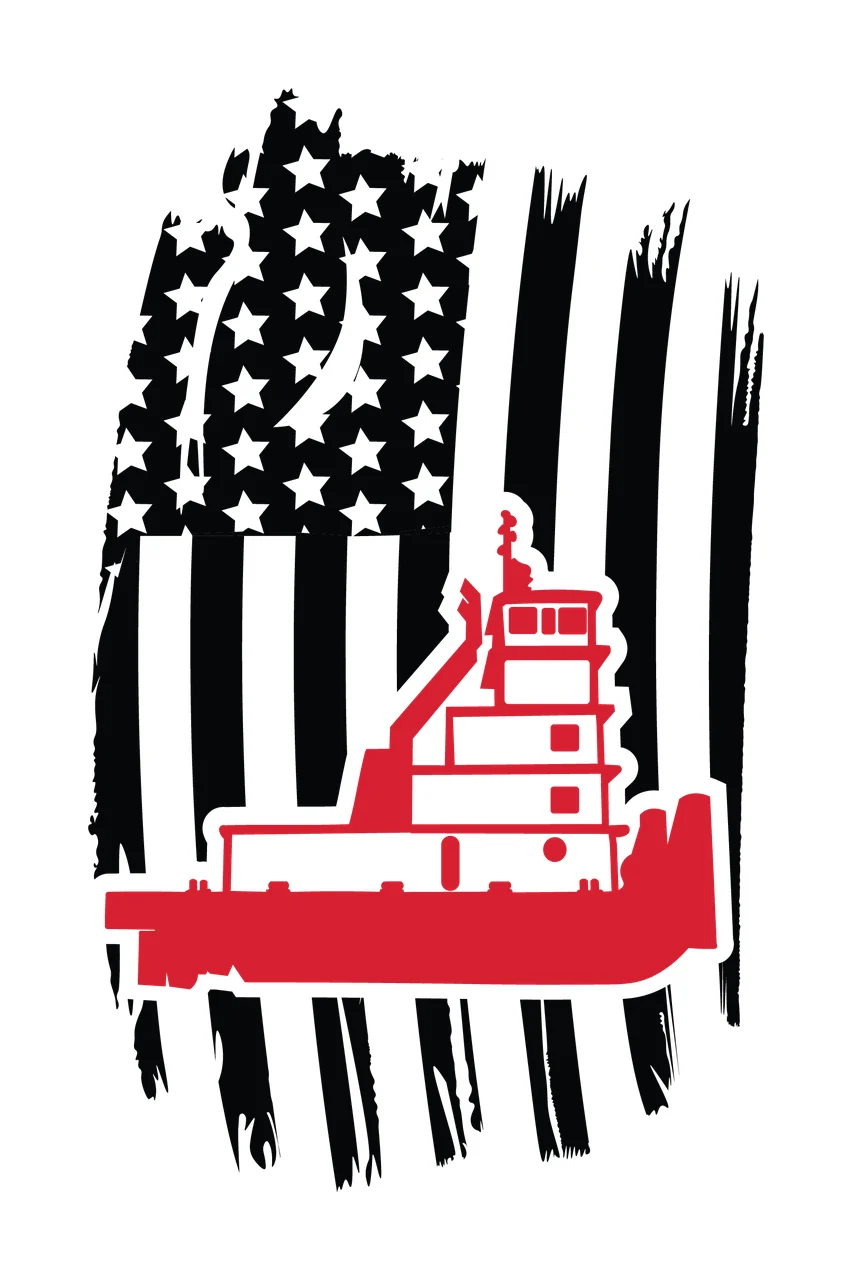 Boat Tugboat Silhouette Over American Flag Design black white