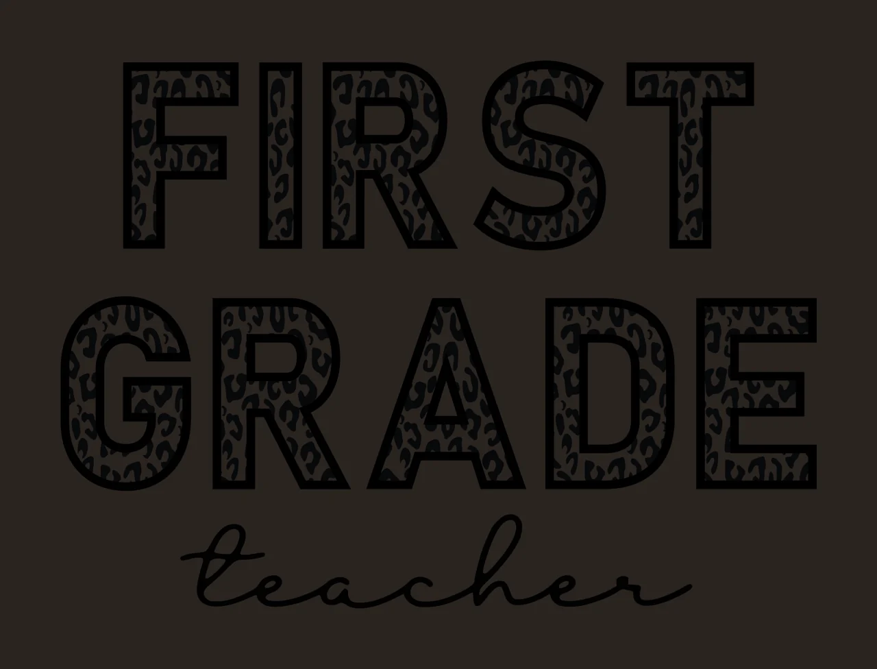 FIRST GRADE teacher Typography Design with leopard print letters, black cursive script and black text on white background contrast preview thumbnail