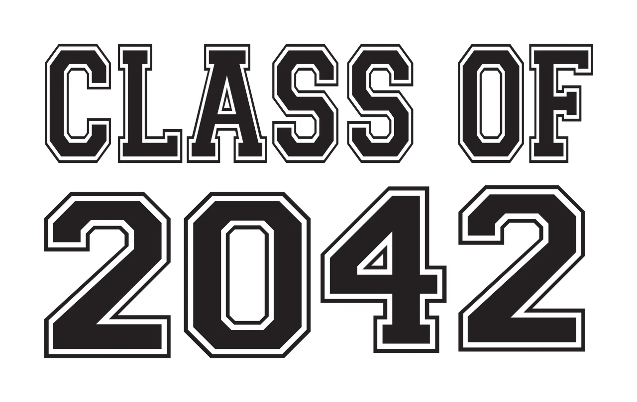 CLASS OF 2042 Typography Design with black lettering and white outlines