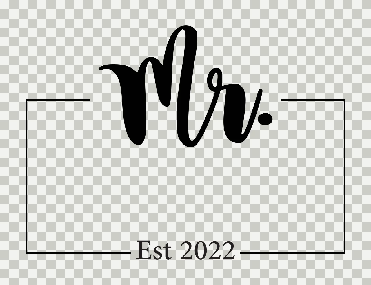 Mr. Est 2022 Typography Design with black cursive 'Mr ' text, thin black rectangular frame and black serif 'Est 2022' text in white transparency and detail preview thumbnail