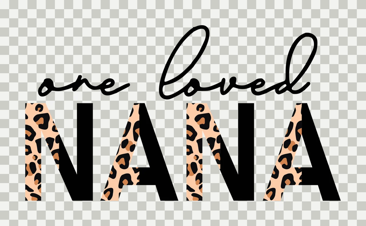 One loved NANA Leopard-print 'NANA' typographic design with black cursive text 'one loved', bold black block letters 'NANA' and leopard print pattern inside the letters 'N' 'A' 'N' 'A' in beige transparency and detail preview thumbnail