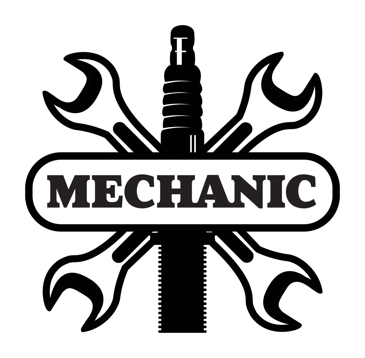 Mechanic Badge With Wrenches And Spark Plug graphic icon black
