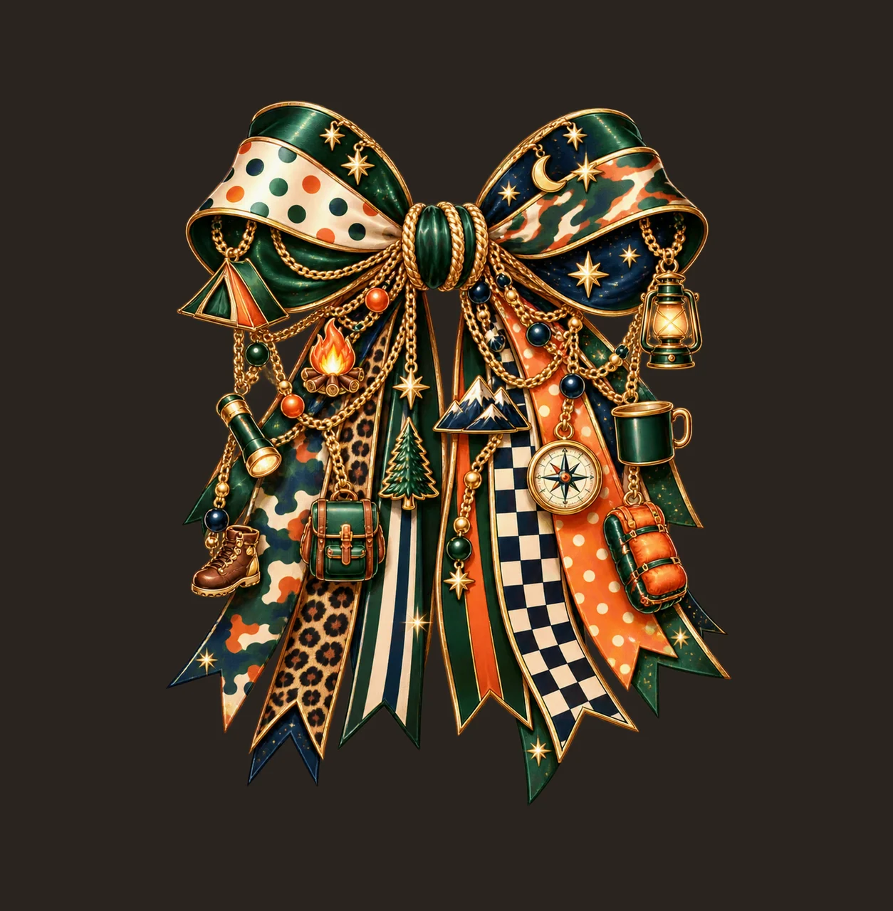 Camping Lover Bow Charm PNG, Themed Gold Chain Charms, Coquette Ribbon Sublimation Design, Transparent Digital Download contrast preview thumbnail