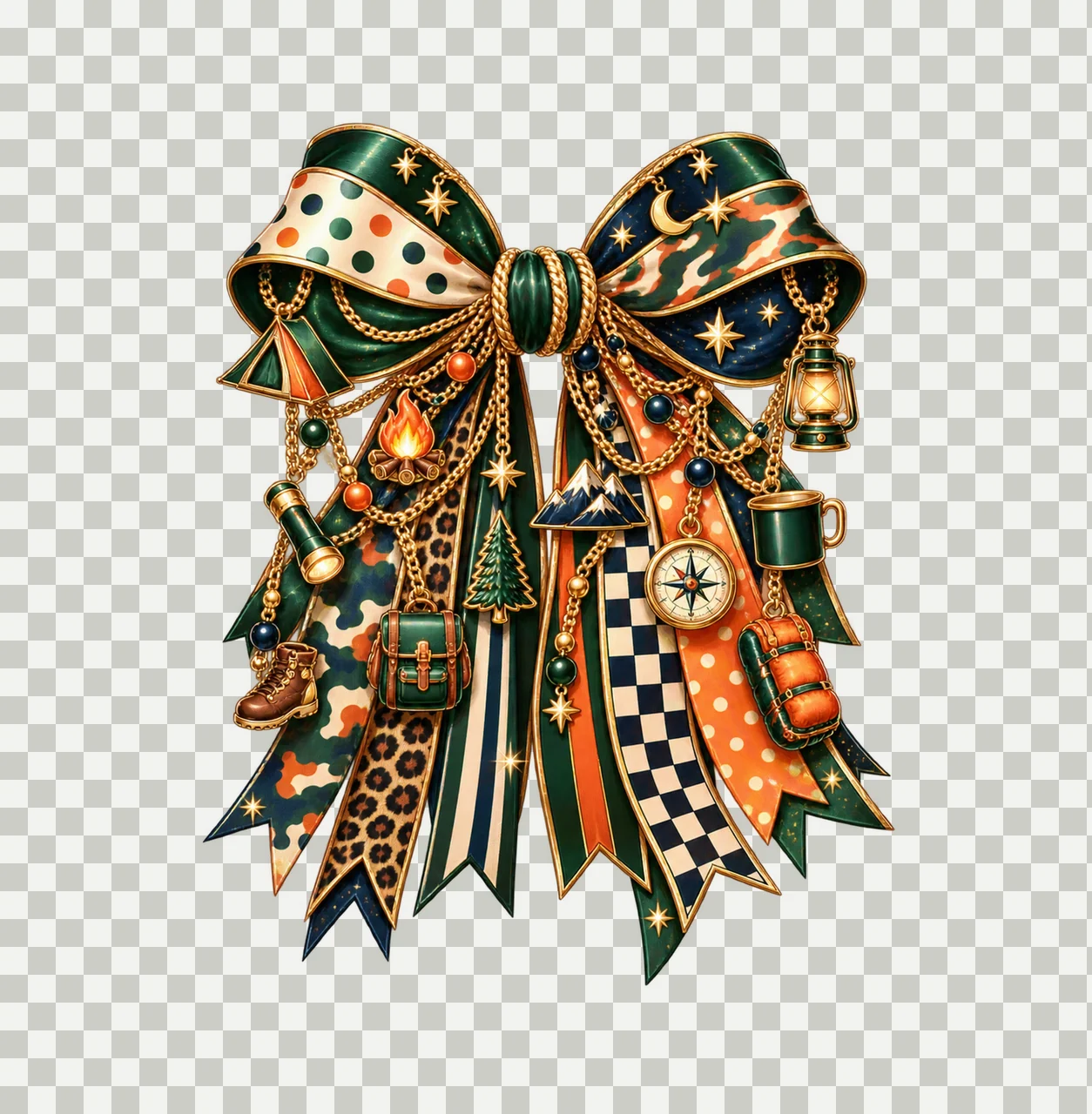 Camping Lover Bow Charm PNG, Themed Gold Chain Charms, Coquette Ribbon Sublimation Design, Transparent Digital Download transparency and detail preview thumbnail