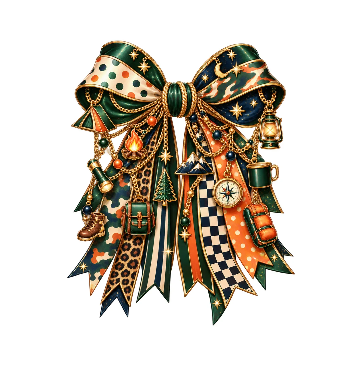 Camping Lover Bow Charm PNG, Themed Gold Chain Charms, Coquette Ribbon Sublimation Design, Transparent Digital Download