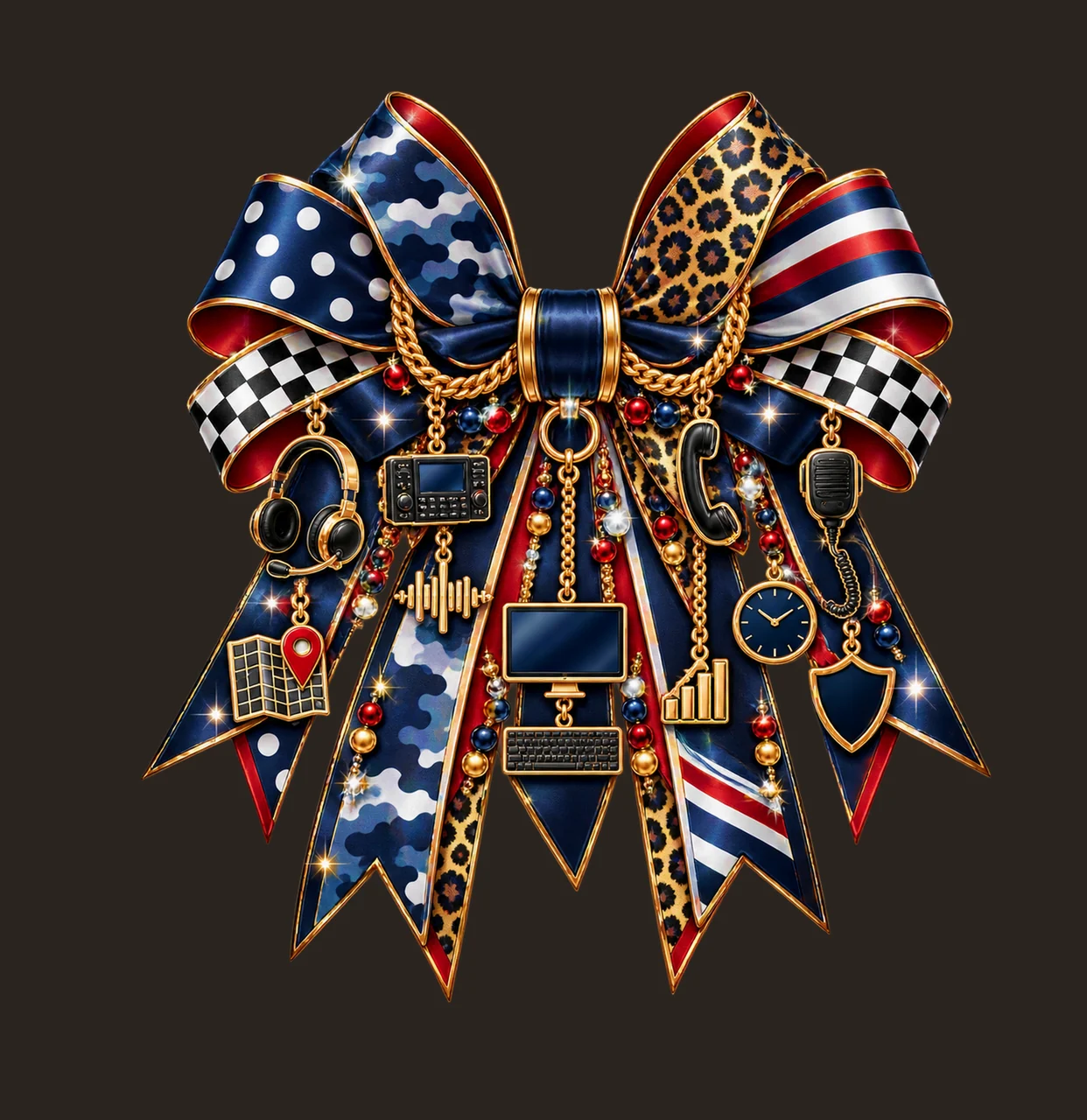 Emergency 911 Dispatcher Bow Charm PNG, Themed Gold Chain Charms, Coquette Ribbon Sublimation Design, Transparent Digital Download contrast preview thumbnail