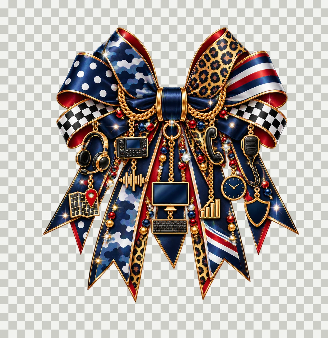 Emergency 911 Dispatcher Bow Charm PNG, Themed Gold Chain Charms, Coquette Ribbon Sublimation Design, Transparent Digital Download transparency and detail preview thumbnail