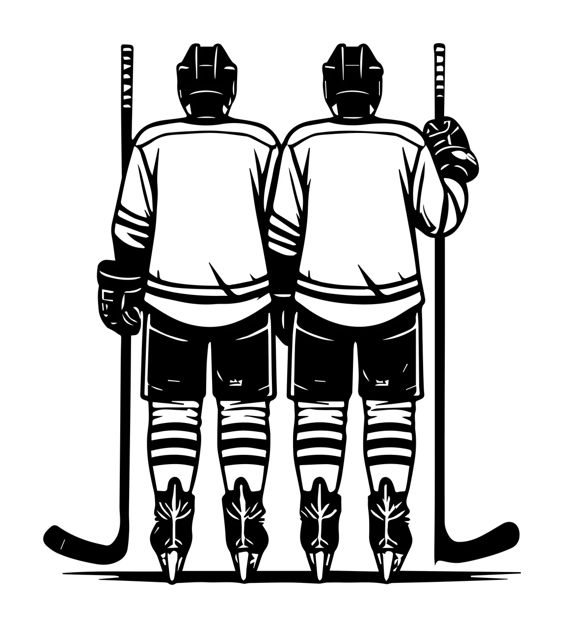 Hockey Two Players Back View Illustration standing sticks helmets