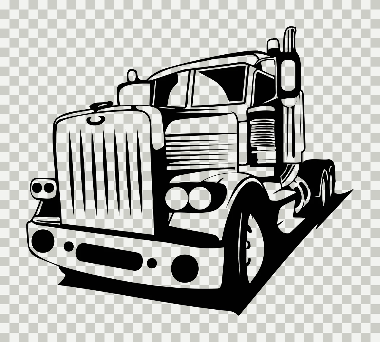 Semi Truck Black And White Illustration Stationary cab wheels transparency and detail preview thumbnail